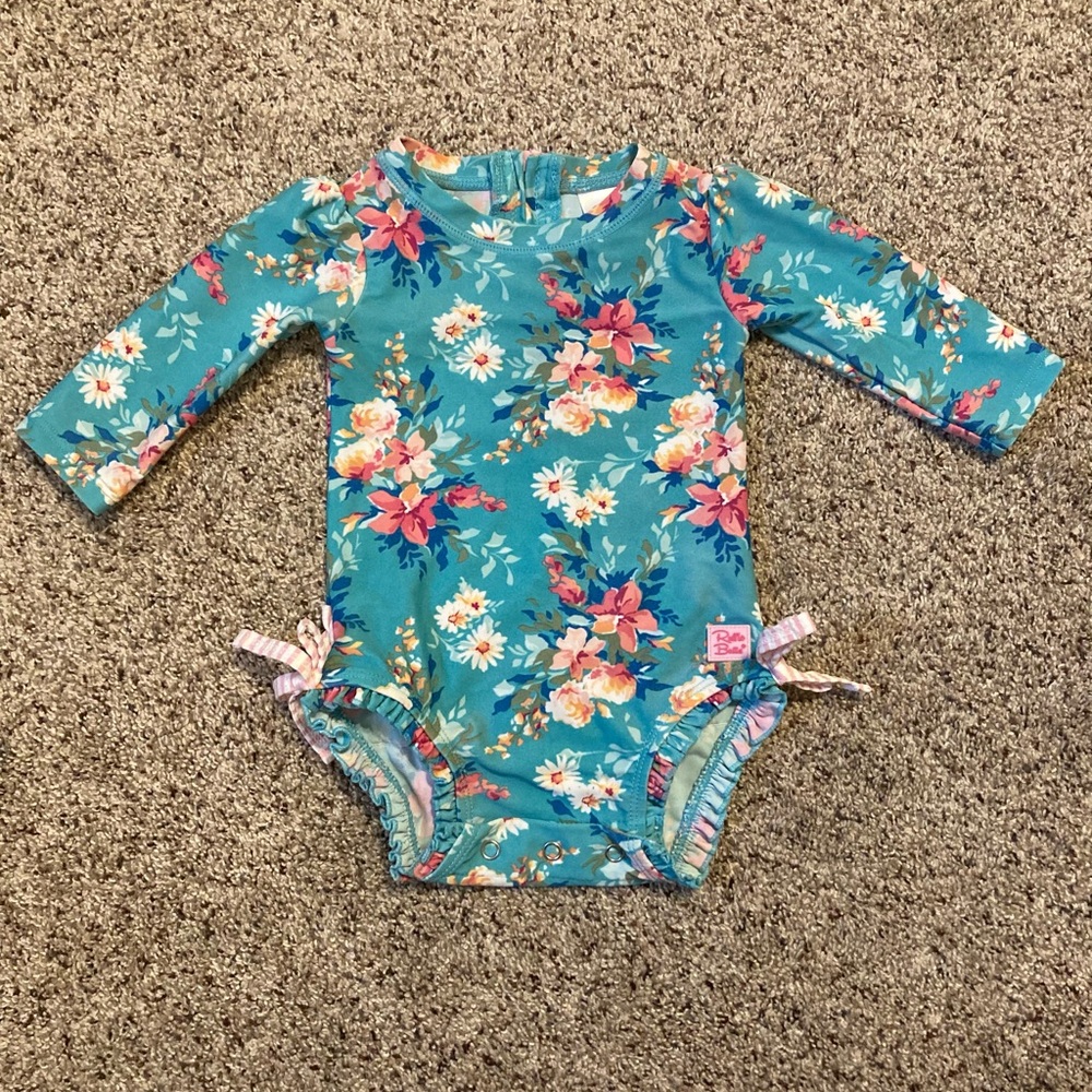 Ruffle Butts Teal Floral Long Sleeve Rash Guard Swimsuit